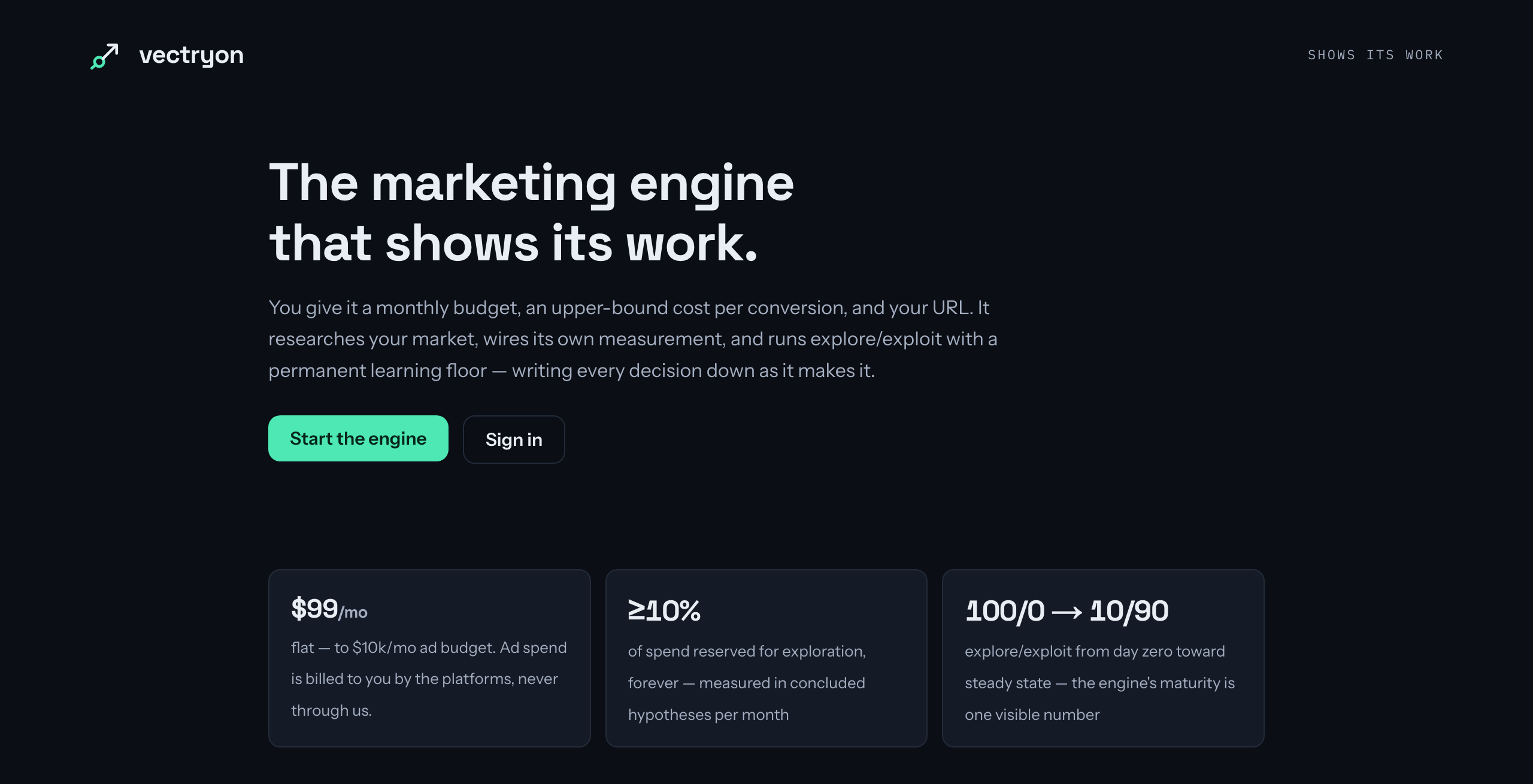 The vectryon.ai home page: the marketing engine that shows its work